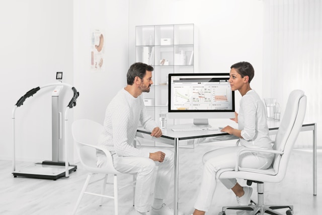 Modern physical therapy clinic with robotic rehabilitation equipment